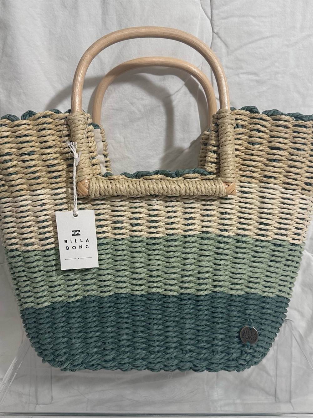 Billabong Green Ombre Woven Straw Tote with Wooden Handles